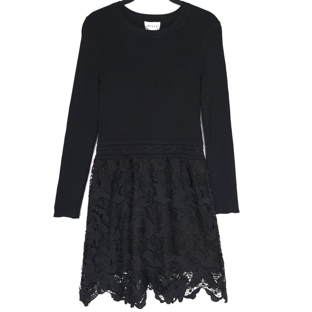 MILLY NEW Black Ribbed Knit Mini Dress Floral Katie Lace MEDIUM Scallop Hem